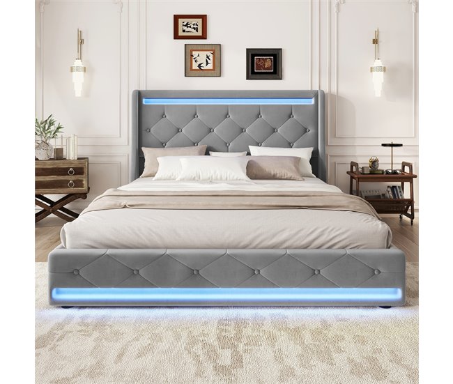 Conforama Cama De Adulto Tapizada En Terciopelo 140x200 Cm - Con LED Y 4 Cajones - Con Somier - Gris