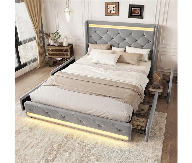 Conforama Cama De Adulto Tapizada En Terciopelo 140x200 Cm - Con LED Y 4 Cajones - Con Somier - Gris