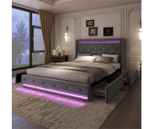 Conforama Cama De Adulto Tapizada En Terciopelo 140x200 Cm - Con LED Y 4 Cajones - Con Somier - Gris
