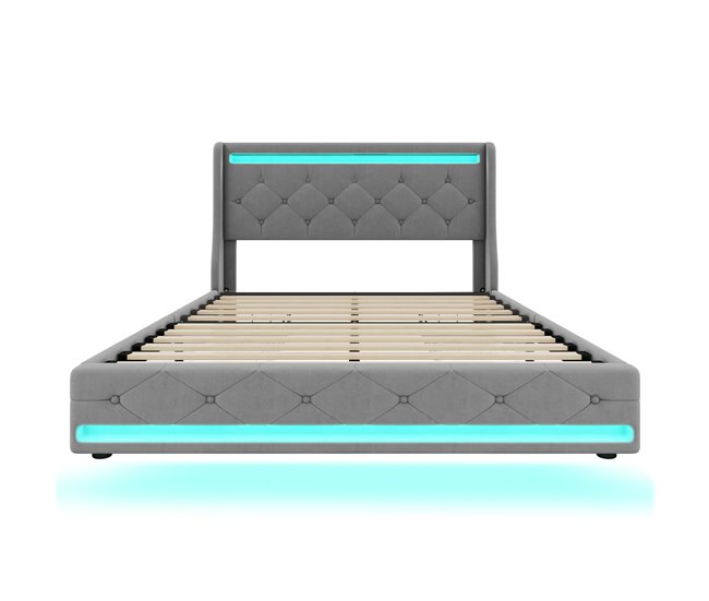 Conforama Cama de adulto tapizada en terciopelo 140x200 cm - con LED y 4 cajones - con somier - Gris