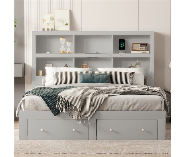 Conforama Cama De Madera Maciza De 160x200 Cm Con Cajones Y Cabecero Con Almacenaje - Con Somier - Gris