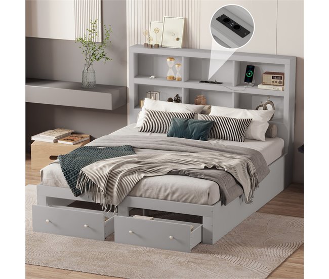 Conforama Cama De Madera Maciza De 160x200 Cm Con Cajones Y Cabecero Con Almacenaje - Con Somier - Gris