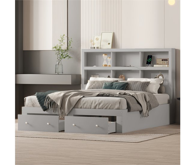 Conforama Cama De Madera Maciza De 160x200 Cm Con Cajones Y Cabecero Con Almacenaje - Con Somier - Gris