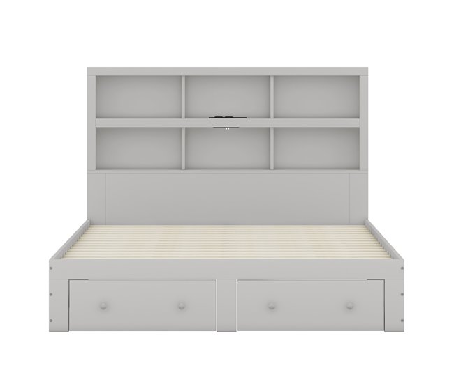 Conforama Cama de madera maciza de 160x200 cm con cajones y cabecero con almacenaje - con somier - Gris