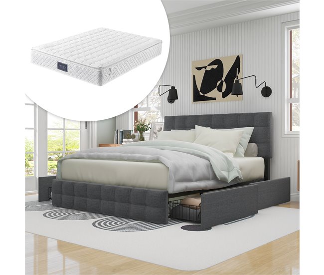 Conforama Cama De Matrimonio De Lino 140x200cm Con 4 Cajónes Y Cabecera De Altura Ajustable Incluye Colchón Gris