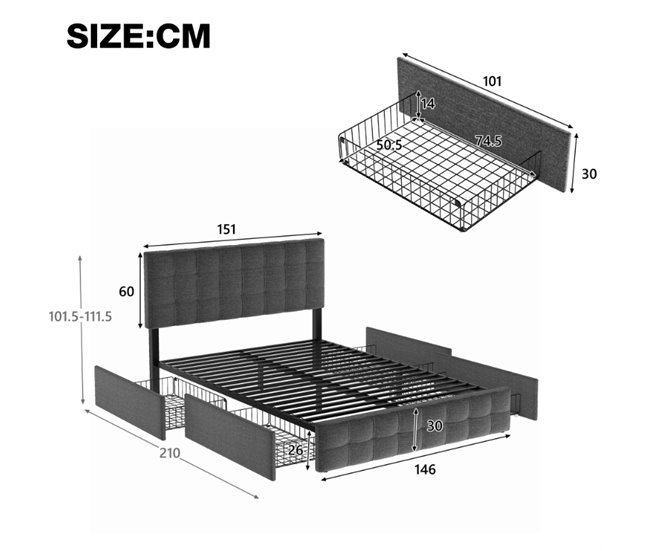 Conforama Cama De Matrimonio De Lino 140x200cm Con 4 Cajónes Y Cabecera De Altura Ajustable Incluye Colchón Gris