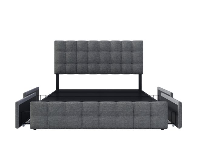 Conforama Cama De Matrimonio De Lino 140x200cm Con 4 Cajónes Y Cabecera De Altura Ajustable Incluye Colchón Gris