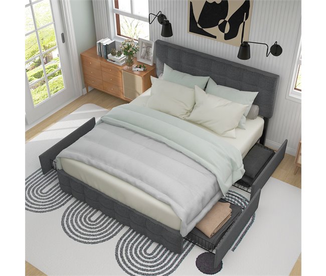 Conforama Cama De Matrimonio De Lino 140x200cm Con 4 Cajónes Y Cabecera De Altura Ajustable Sin Colchón Gris
