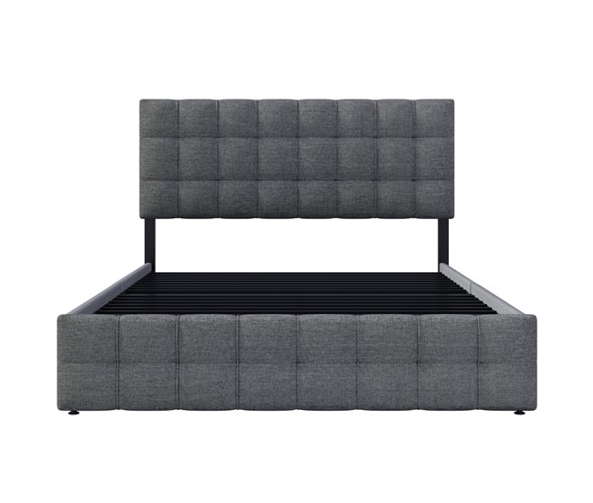 Conforama Cama De Matrimonio De Lino 140x200cm Con 4 Cajónes Y Cabecera De Altura Ajustable Sin Colchón Gris