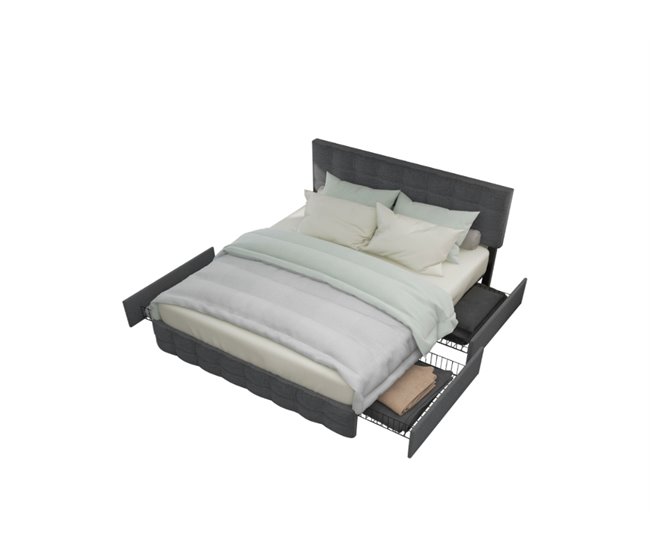 Conforama Cama de matrimonio de lino 140x200cm con 4 cajónes y cabecera de altura ajustable sin colchón gris