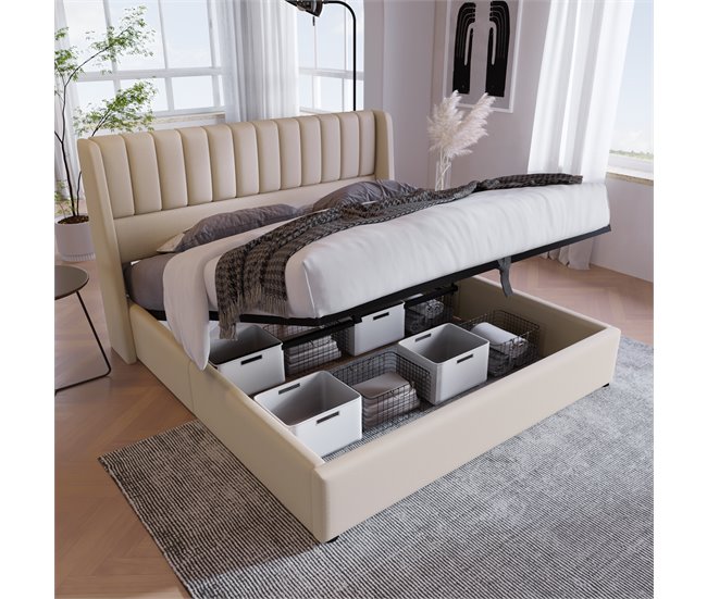 Conforama Cama De Matrimonio De Lino 140x200cm Con Almacenaje Sin Colchón Beige