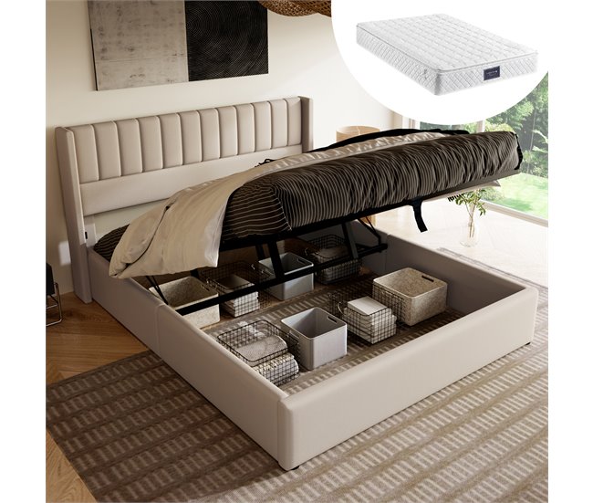 Conforama Cama De Matrimonio De Lino 140x200cm Con Almacenaje Incluye Colchón Beige