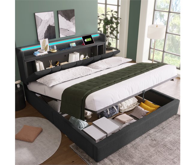Conforama Cama De Matrimonio De Lino 140x200cm Con Almacenaje Luz LED Puerto USB Y Cabecera De Altura Ajustable Sin Colchón Gris