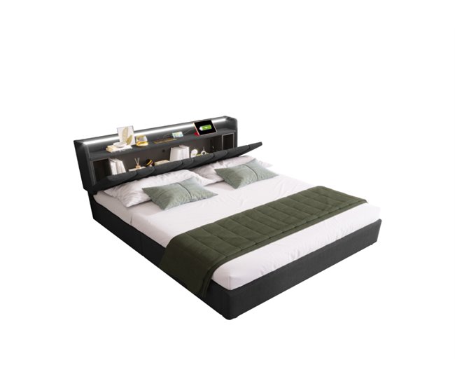 Conforama Cama de matrimonio de lino 140x200cm con almacenaje luz LED puerto USB y cabecera de altura ajustable sin colchón gris