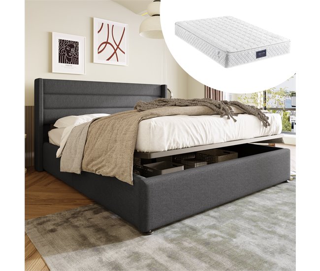 Conforama Cama De Matrimonio De Lino 140x200cm Con Almacenaje Incluye Colchón Gris