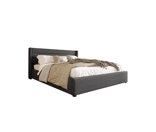 Conforama Cama de matrimonio de lino 140x200cm con almacenaje incluye colchón gris