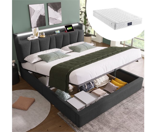 Conforama Cama De Matrimonio De Lino 140x200cm Con Almacenaje Luz LED Puerto USB Y Cabecera De Altura Ajustable Incluye Colchón Gris