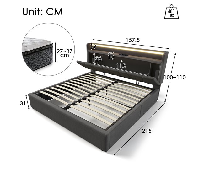 Conforama Cama De Matrimonio De Lino 140x200cm Con Almacenaje Luz LED Puerto USB Y Cabecera De Altura Ajustable Incluye Colchón Gris