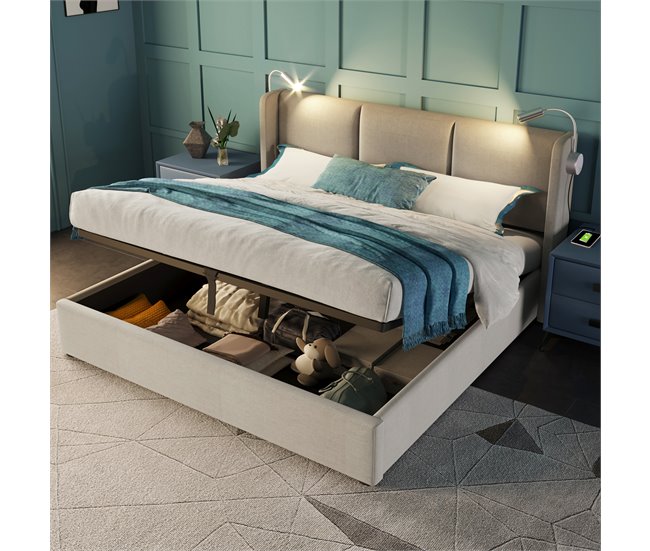 Conforama Cama De Matrimonio De Lino 140x200cm Con Almacenaje Luz De Lectura Y Puerto USB Sin Colchón Beige