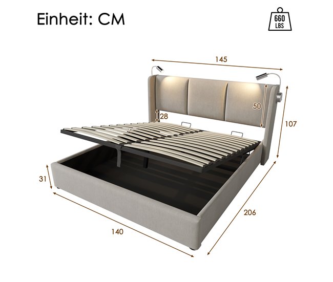 Conforama Cama De Matrimonio De Lino 140x200cm Con Almacenaje Luz De Lectura Y Puerto USB Sin Colchón Beige