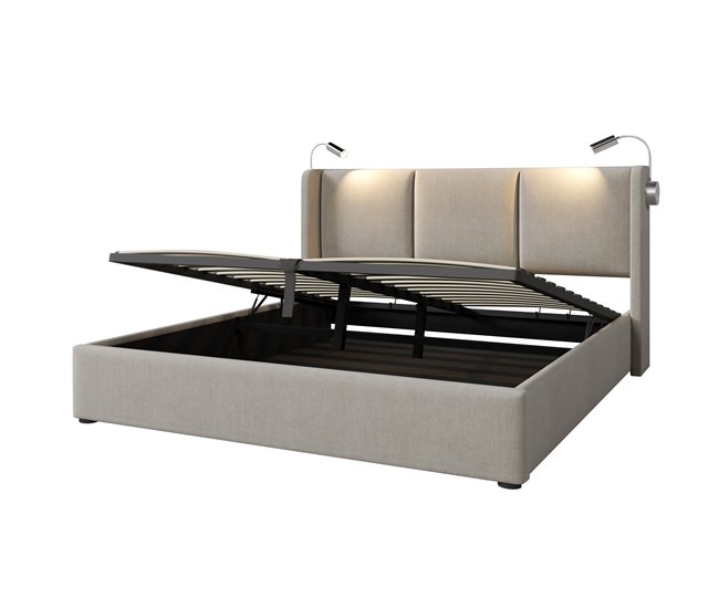 Conforama Cama De Matrimonio De Lino 140x200cm Con Almacenaje Luz De Lectura Y Puerto USB Sin Colchón Beige