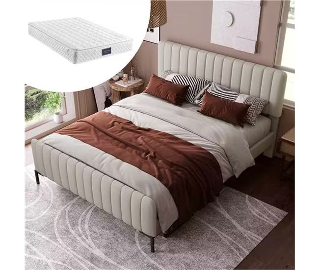 Conforama Cama De Matrimonio De Lino 140x200cm Con Cabecera De Altura Ajustable Incluye Colchón Beige+gris