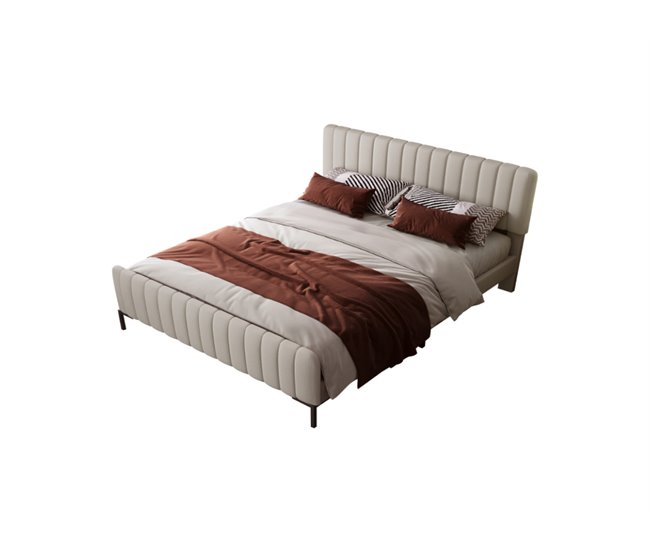 Conforama Cama de matrimonio de lino 140x200cm con cabecera de altura ajustable incluye colchón beige+gris