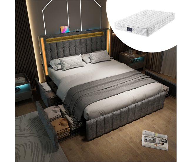 Conforama Cama De Matrimonio De Lino 140x200cm Con Luz LED 4 Cajónes Puerto USB Y Tipo C Incluye Colchón Gris
