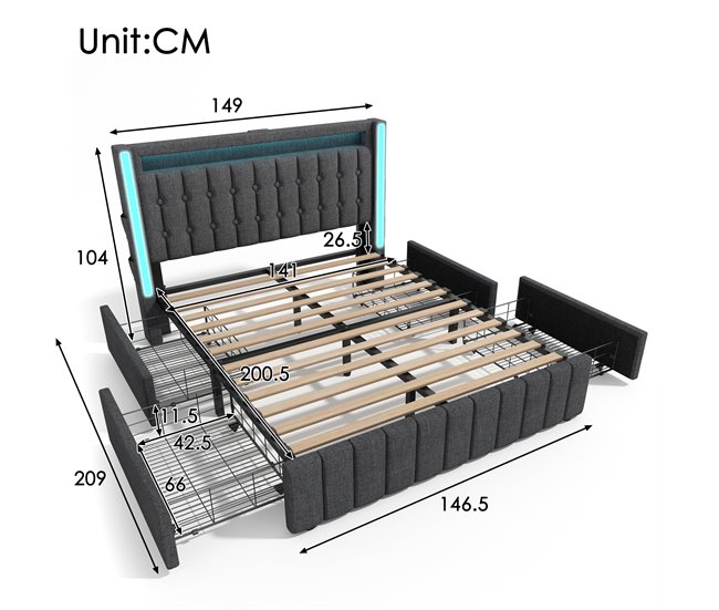 Conforama Cama De Matrimonio De Lino 140x200cm Con Luz LED 4 Cajónes Puerto USB Y Tipo C Incluye Colchón Gris