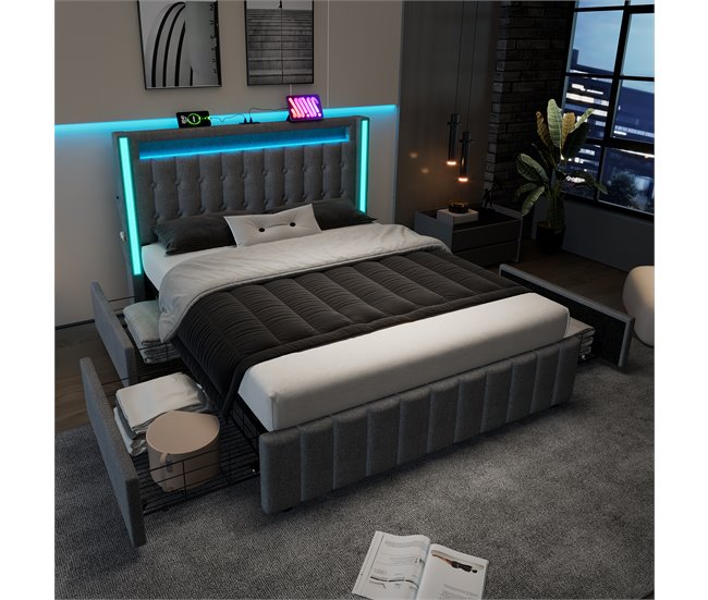 Conforama Cama De Matrimonio De Lino 140x200cm Con Luz LED 4 Cajónes Puerto USB Y Tipo C Sin Colchón Gris