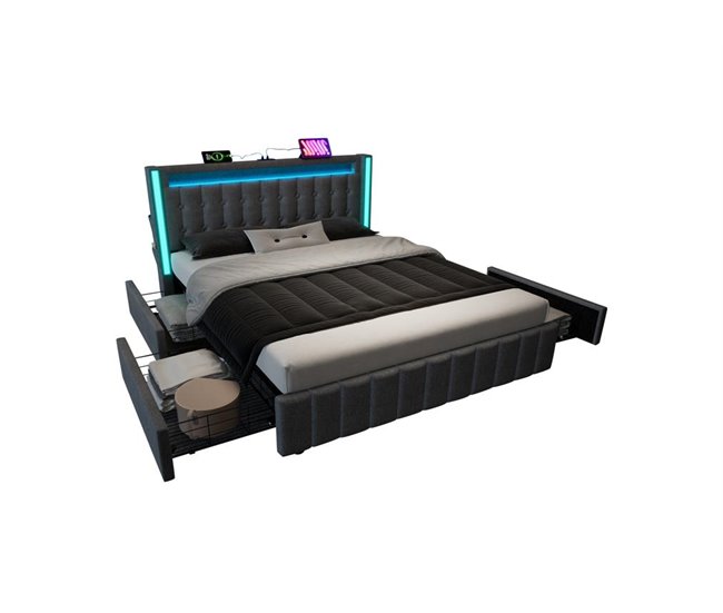 Conforama Cama de matrimonio de lino 140x200cm con luz LED 4 cajónes puerto USB y tipo C sin colchón gris