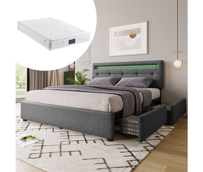 Conforama Cama De Matrimonio De Lino 140x200cm Con Luz LED 4 Cajónes Y Cabecera De Altura Ajustable Incluye Colchón Gris