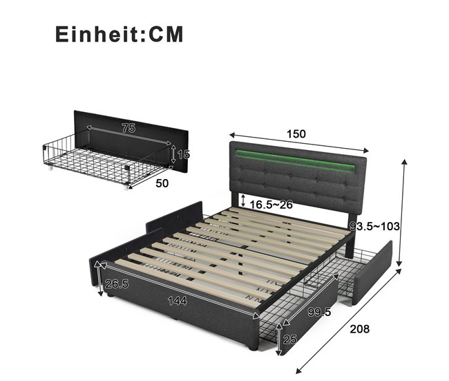 Conforama Cama De Matrimonio De Lino 140x200cm Con Luz LED 4 Cajónes Y Cabecera De Altura Ajustable Incluye Colchón Gris