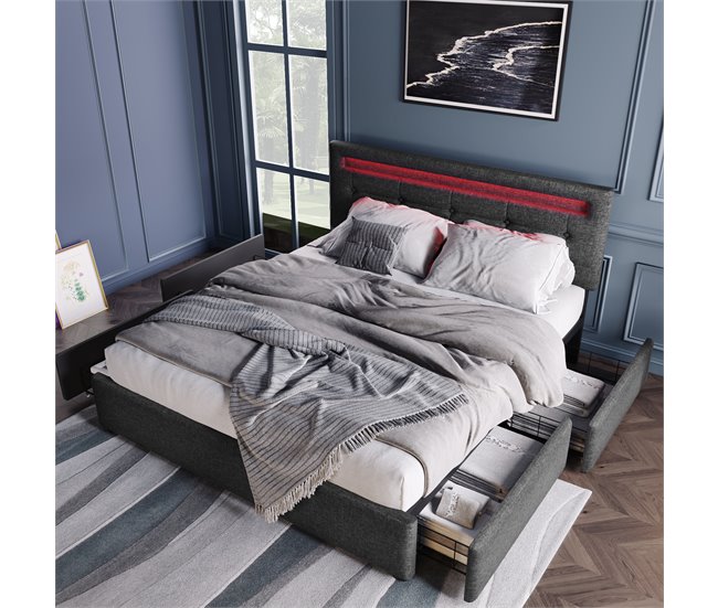 Conforama Cama De Matrimonio De Lino 140x200cm Con Luz LED 4 Cajónes Y Cabecera De Altura Ajustable Sin Colchón Gris