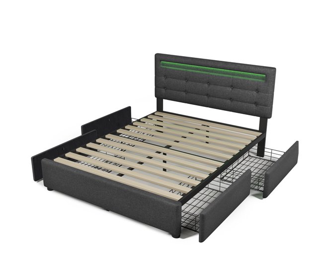 Conforama Cama De Matrimonio De Lino 140x200cm Con Luz LED 4 Cajónes Y Cabecera De Altura Ajustable Sin Colchón Gris