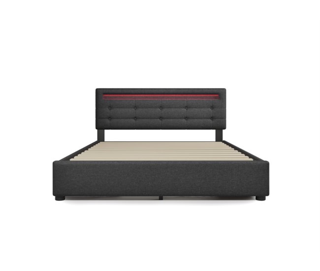 Conforama Cama de matrimonio de lino 140x200cm con luz LED 4 cajónes y cabecera de altura ajustable sin colchón gris