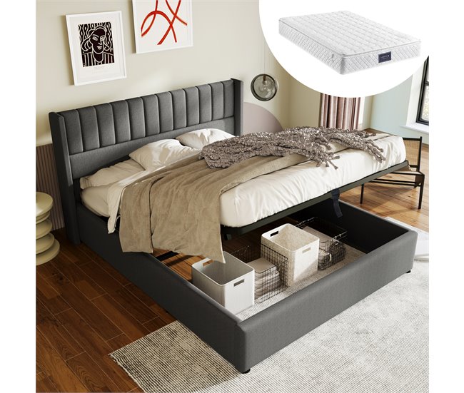Conforama Cama De Matrimonio De Lino 160x200cm Con Almacenaje Incluye Colchón Gris