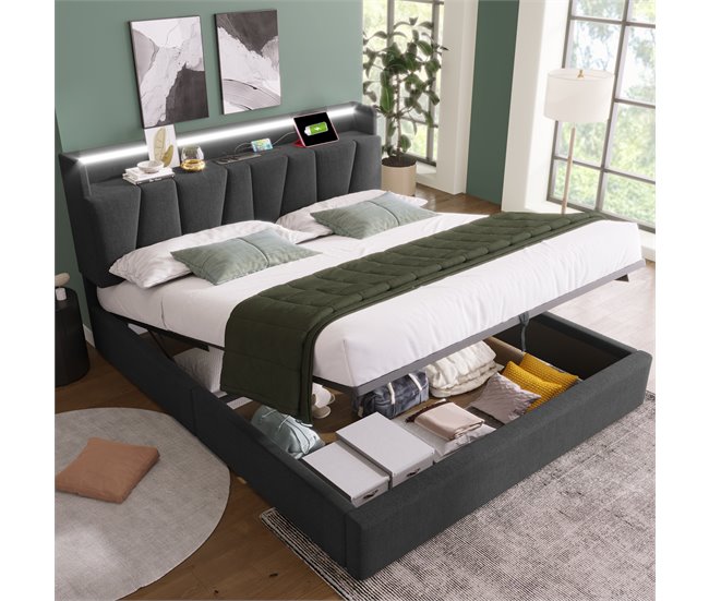 Conforama Cama De Matrimonio De Lino 160x200cm Con Almacenaje Luz LED Puerto USB Y Cabecera De Altura Ajustable Sin Colchón Gris