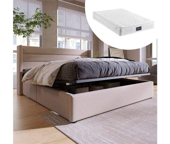 Conforama Cama De Matrimonio De Lino 160x200cm Con Almacenaje Incluye Colchón Beige