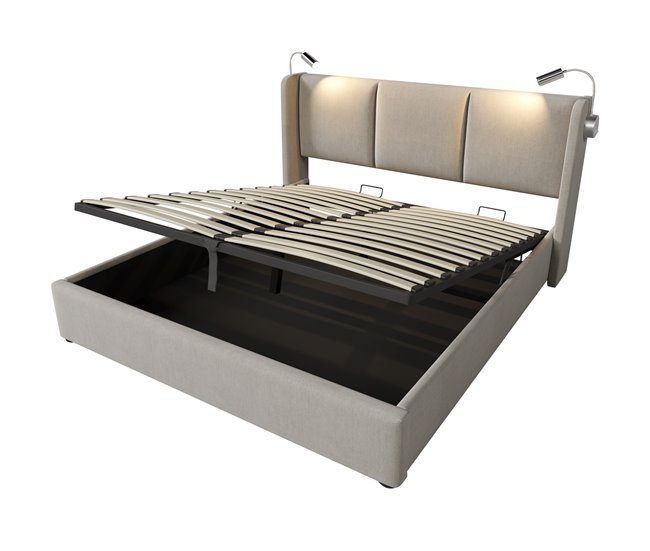 Conforama Cama De Matrimonio De Lino 160x200cm Con Almacenaje Luz De Lectura Y Puerto USB Sin Colchón Beige