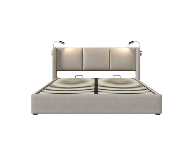 Conforama Cama de matrimonio de lino 160x200cm con almacenaje luz de lectura y puerto USB sin colchón beige