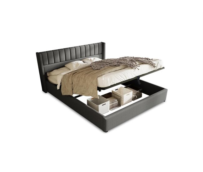 Conforama Cama de matrimonio de lino 160x200cm con almacenaje incluye colchón gris