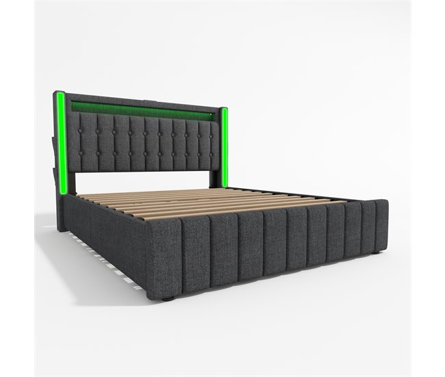 Conforama Cama De Matrimonio De Lino 160x200cm Con Luz LED 4 Cajónes Puerto USB Y Tipo C Incluye Colchón Gris