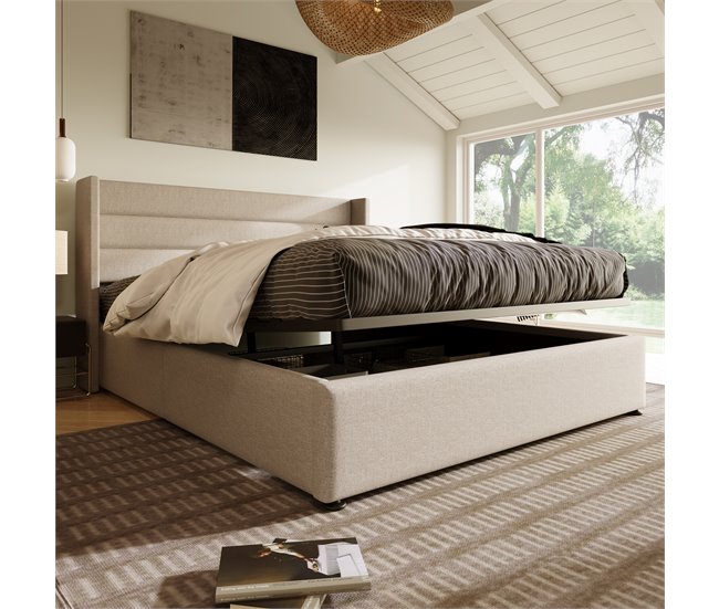 Conforama Cama De Matrimonio De Lino 180x200cm Con Almacenaje Sin Colchón Beige