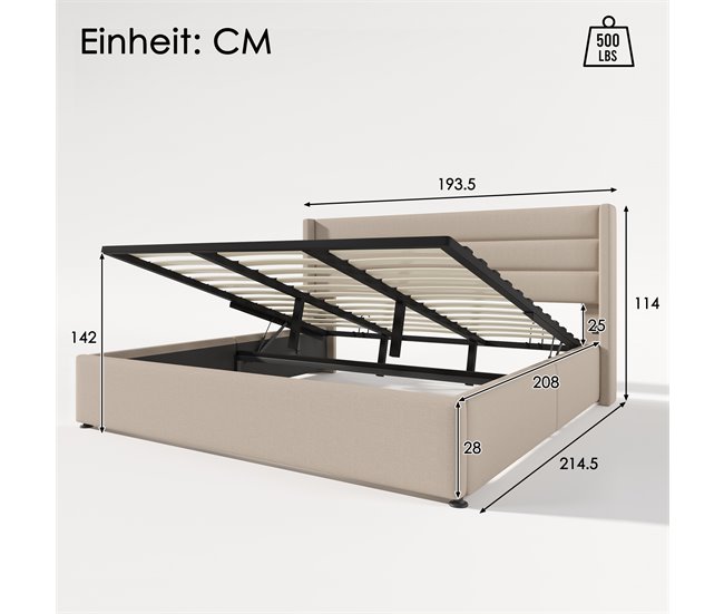 Conforama Cama De Matrimonio De Lino 180x200cm Con Almacenaje Sin Colchón Beige