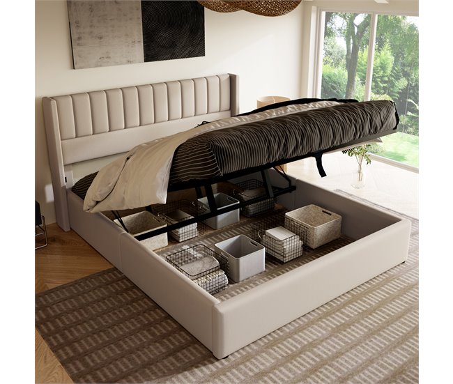 Conforama Cama De Matrimonio De Lino 180x200cm Con Almacenaje Sin Colchón Beige