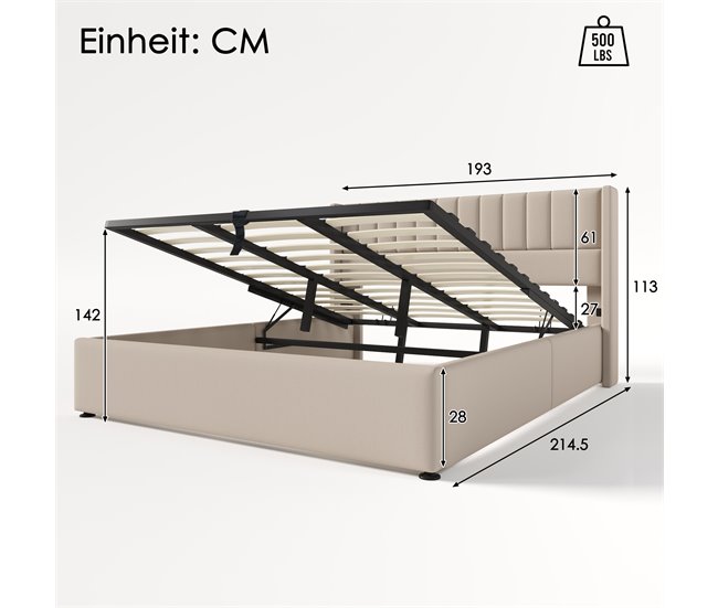Conforama Cama De Matrimonio De Lino 180x200cm Con Almacenaje Sin Colchón Beige