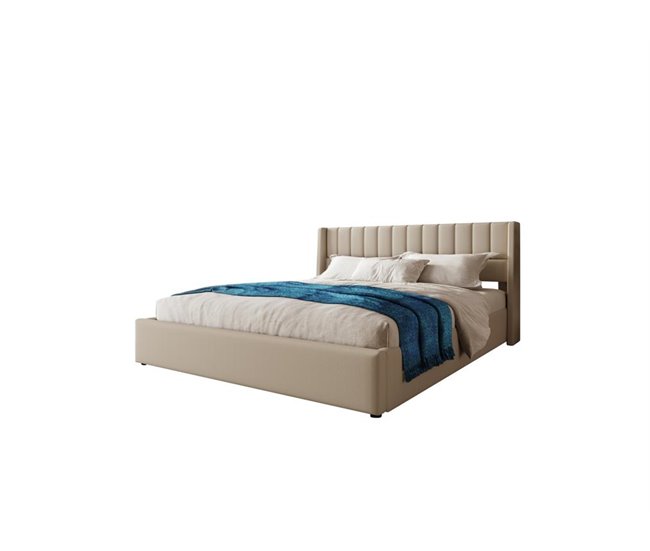 Conforama Cama de matrimonio de lino 180x200cm con almacenaje sin colchón beige