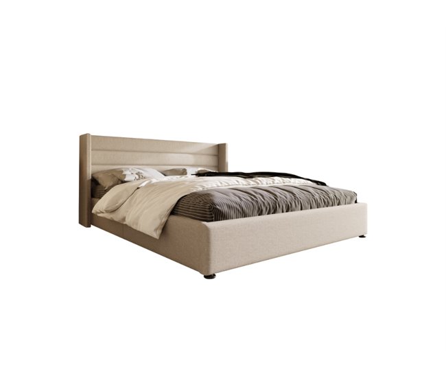 Conforama Cama de matrimonio de lino 180x200cm con almacenaje sin colchón beige