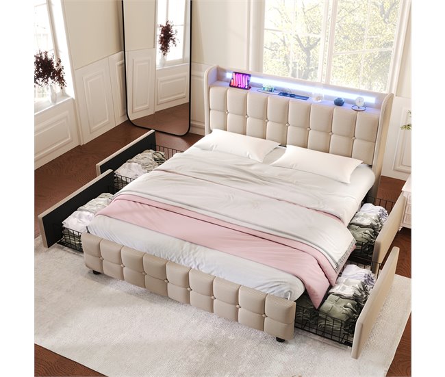 Conforama Cama De Matrimonio De Madera Maciza 140x200cm Con Luz LED 4 Cajónes Y Puerto USB Sin Colchón Beige